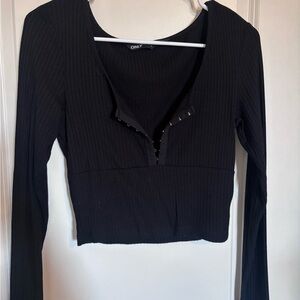 ONLY via ASOS Women's Black Ribbed Long Sleeve Top with hook and eye detail